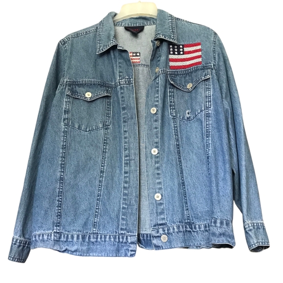 Women's Patriotic Denim Jacket with American Flag Cross Stitching - Picture 1 of 6